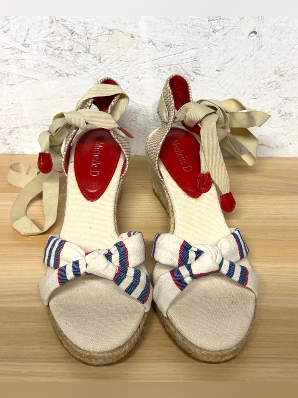 Michelle D Cream Espadrille Wedges with Red & Blue Striped Bows